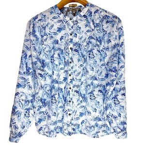 Garnet Hill Dakota Blue and White Floral Button Down Organic Cotton Blouse Sz: 4